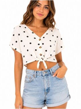 ABERCROMBIE AND FITCH Linen Blend Cropped Polka Dot Top Size XS
